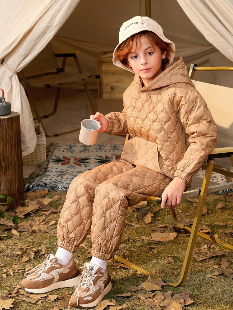 2pcs Tween Boys Solid Color Hooded Fleece Sweatshirt & Pants Set, Thickened