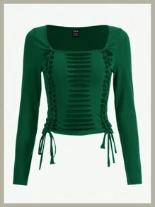 SHEIN ICON 鏤空前抽繩短款T恤 - 墨綠色 - 查看 1