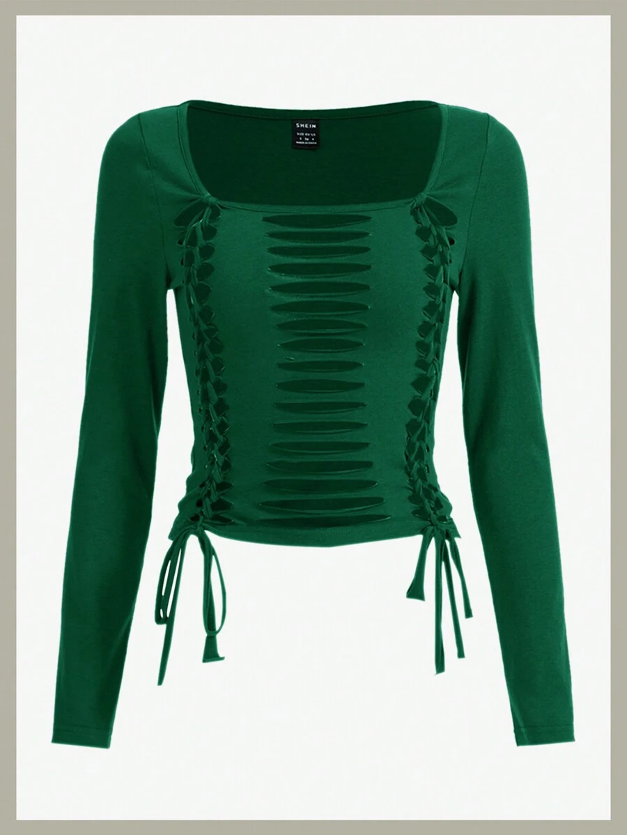 SHEIN ICON 鏤空前抽繩短款T恤 - 墨綠色 - 查看 1