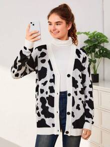Teen Girl Cow Pattern Button Front Cardigan - Black and White - View 3
