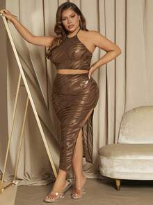 SHEIN SXY Plus Backless Halter Top & Pencil Skirt - Brown - View 4