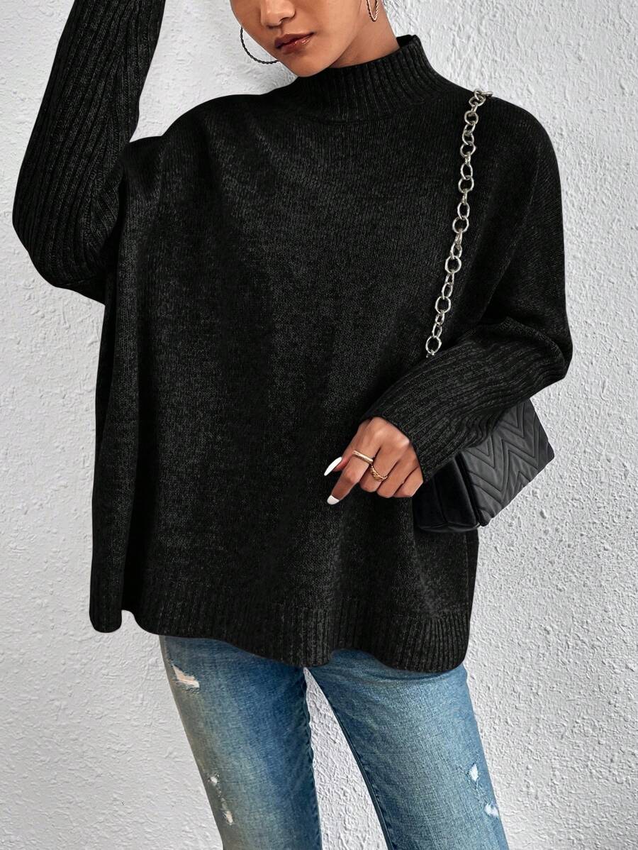 Cloudara Mock Neck Batwing Sleeve Sweater - Hitam - View 1