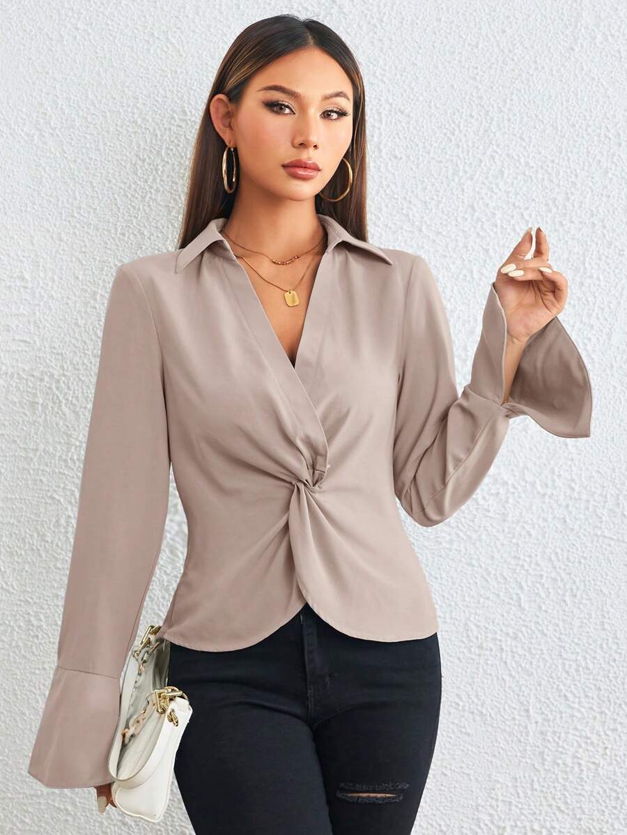 SHEIN Privé Blusa girante delantero de manga con volante - Albaricoque - Ver 1