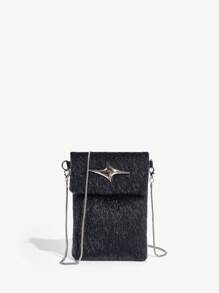 SHEIN ICON 毛茸茸翻蓋斜肩包手機包 - 黑色 - 查看 1