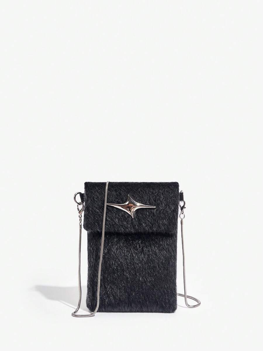 SHEIN ICON 毛茸茸翻蓋斜肩包手機包 - 黑色 - 查看 1