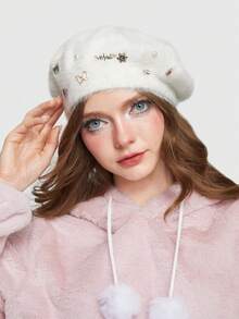 ROMWE Kawaii 1pc Women Rhinestone Flower & Butterfly Decor Beret - White - View 4