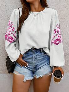 Celure Plus Floral Print Lantern Sleeve Blouse - Beige - View 3