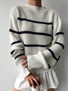 EURMUSE Striped Pattern Drop Shoulder Mock Neck Sweater - White - View 5