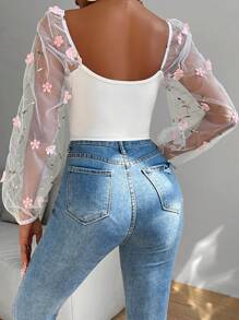 SHEIN Unity Top cu tiv curbat cu mânecă lanternă cu broderie florală