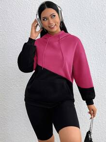 SHEIN EZwear 加大码双色落肩抽绳卫衣 - 玫紅色 - 查看 6