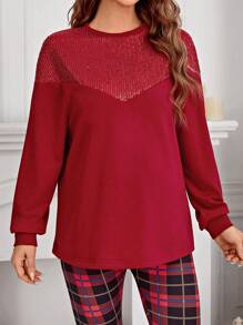 SHEIN Maternity Contrast Sequin Drop Shoulder Sweatshirt, For Winter - Burgundy - View 5