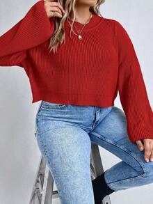 SHEIN LUNE Hơn Thả vai Đồ đan Ribbed Áo len - Đỏ - Xem 4