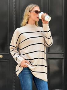 EURMUSE Striped Pattern Drop Shoulder Sweater - Apricot - View 4