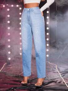 High Waist Splash Ink Print Mom Fit Jeans - Blue - View 8