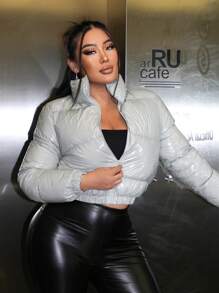 SHEIN SXY Áo khoác đệm ngắn có khóa kéo cho mùa đông - Xám - Xem 1