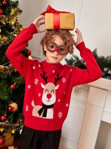 SHEIN 男大童1入組聖誕麋鹿圖案落肩袖套頭毛衣 - 紅色 - 查看 4
