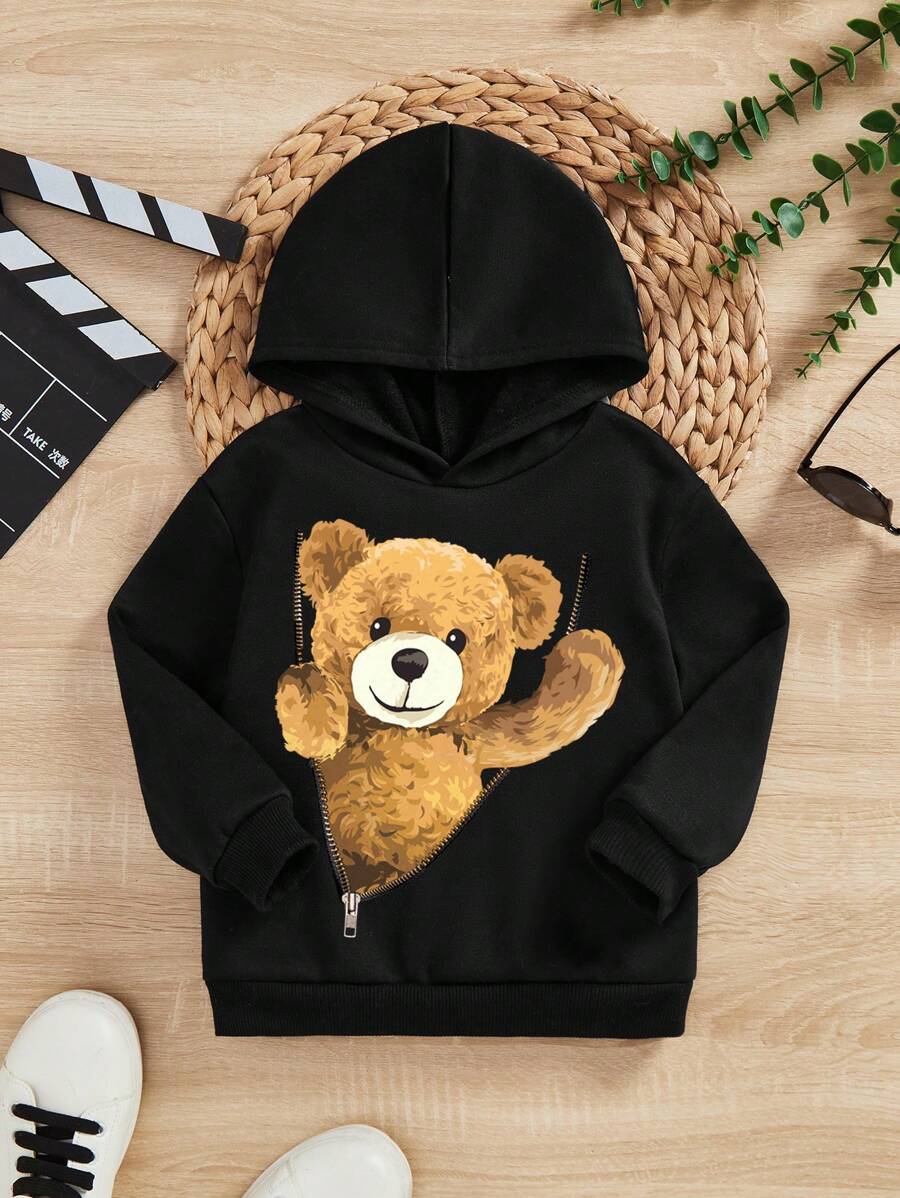 SHEIN 年轻男孩休闲简约卡通图案长袖连帽运动衫，适合秋季 - 黑色 - 查看 1