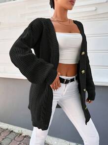 EURMUSE 女士休闲纯色开衫，秋冬季 - 黑色 - 查看 4