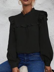 Chiquease 荷葉邊燈籠袖襯衫 - 黑色 - 查看 1