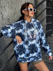 RueChic Tie Dye Butterfly & Letter Graphic Drop Shoulder Drawstring Hoodie - Dark Grey - View 3