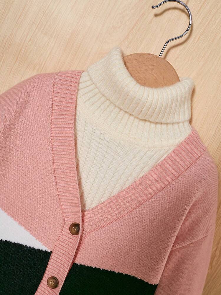 Young Girl Color Block Drop Shoulder Cardigan Without Sweater