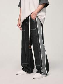 INFLATION Quần Jeans Nam Dây kéo Túi Sọc bên Khối Màu - màu đen - Xem 4