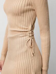 SHEIN Frenchy Mock Neck Ribbed Knit Sweater Dress Winter Brown Casual - Khaki - View 6