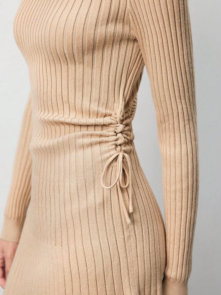 Mock Neck Ribbed Knit Sweater Dress Winter Brown Casual