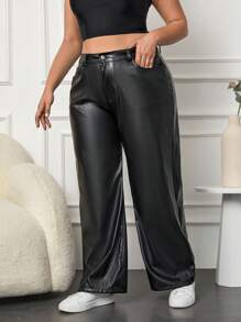 EURMUSE Plus Leather Look Wide Leg Jeans - Black - View 6