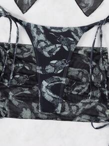 Swim EVENT 夏季海灘蛇紋領口比基尼套裝，附海灘裙 - 彩色 - 查看 6