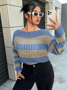 SHEIN EZwear 大碼條紋圖案網眼針織落肩袖套頭毛衣 - 彩色 - 查看 3