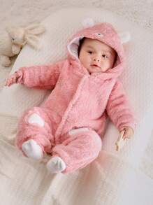 SHEIN Persoplay Kids Baby Mädchen PJ-Overall Cartoon Stickerei, 3D-Ohren Design, Kapuze, Flanell