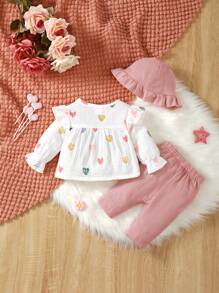 SHEIN 女嬰愛心圖案荷葉邊荷葉袖上衣和褲子和帽