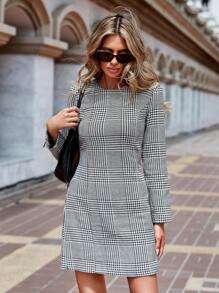 Cottnline Houndstooth Print Fitted Dress - Black and White - View 5