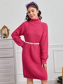 Teen Girl Turtleneck Drop Shoulder Ribbed Knit Sweater Dress - Hot Pink - View 6