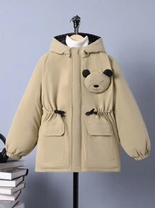 SHEIN Tween Boy 1 件 3D 熊装饰抽绳腰部翻盖口袋连帽加厚外套 - 卡其色 - 查看 3
