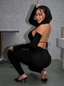 SHEIN SXY Mono unitard unicolor de espalda abierta con cordón con capucha - Negro - Ver 1