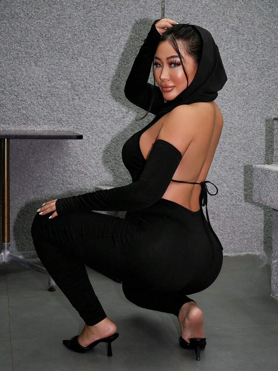 SHEIN SXY Mono unitard unicolor de espalda abierta con cordón con capucha - Negro - Ver 1