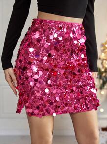 SHEIN BAE Sequin Bodycon Skirt - Hot Pink - View 1