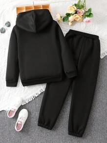 SHEIN 女大童標語圖案加絨內裏連帽衫和運動褲 - 黑色 - 查看 2