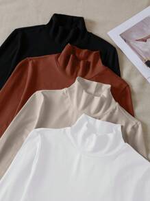 INAWLY 4pcs Solid Mock Neck Tee Fall Cloth For Women - Multicolor - View 4