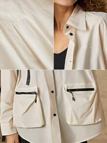 In My Nature Zip Detail Patched Pocket Drop Shoulder Oversized Outdoor Shirt - Beige - View 7