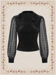 SHEIN DECDS Contrast Mesh Lantern Sleeve Velvet Blouse - Black - View 3