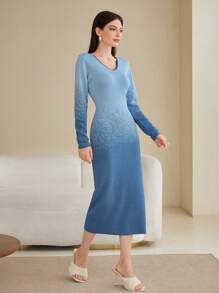 Mulvari 漸層V領毛衣洋裝不附腰帶 - 藍色 - 查看 4