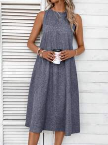 SHEIN LUNE Solid Slant Pocket Tank Dress - Blue - View 5