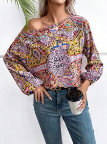 SHEIN VCAY 佩斯利印花不對稱領燈籠袖襯衫 - 橘色 - 查看 1