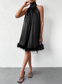 EURMUSE Fuzzy Trim Halter Neck Dress - Black - View 3