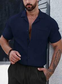 Manfinity Homme Men Solid Button Up Pocket Patched Shirt - Royal Blue - View 5