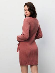 SHEIN Frenchy Solid Wrap Knot Side Sweater Dress Winter Pink Casual - Dusty Pink - View 2