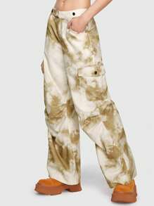 ROMWE Grunge Punk Nhuộm buộc Túi có nắp Quần Cargo - Màu be - Xem 1